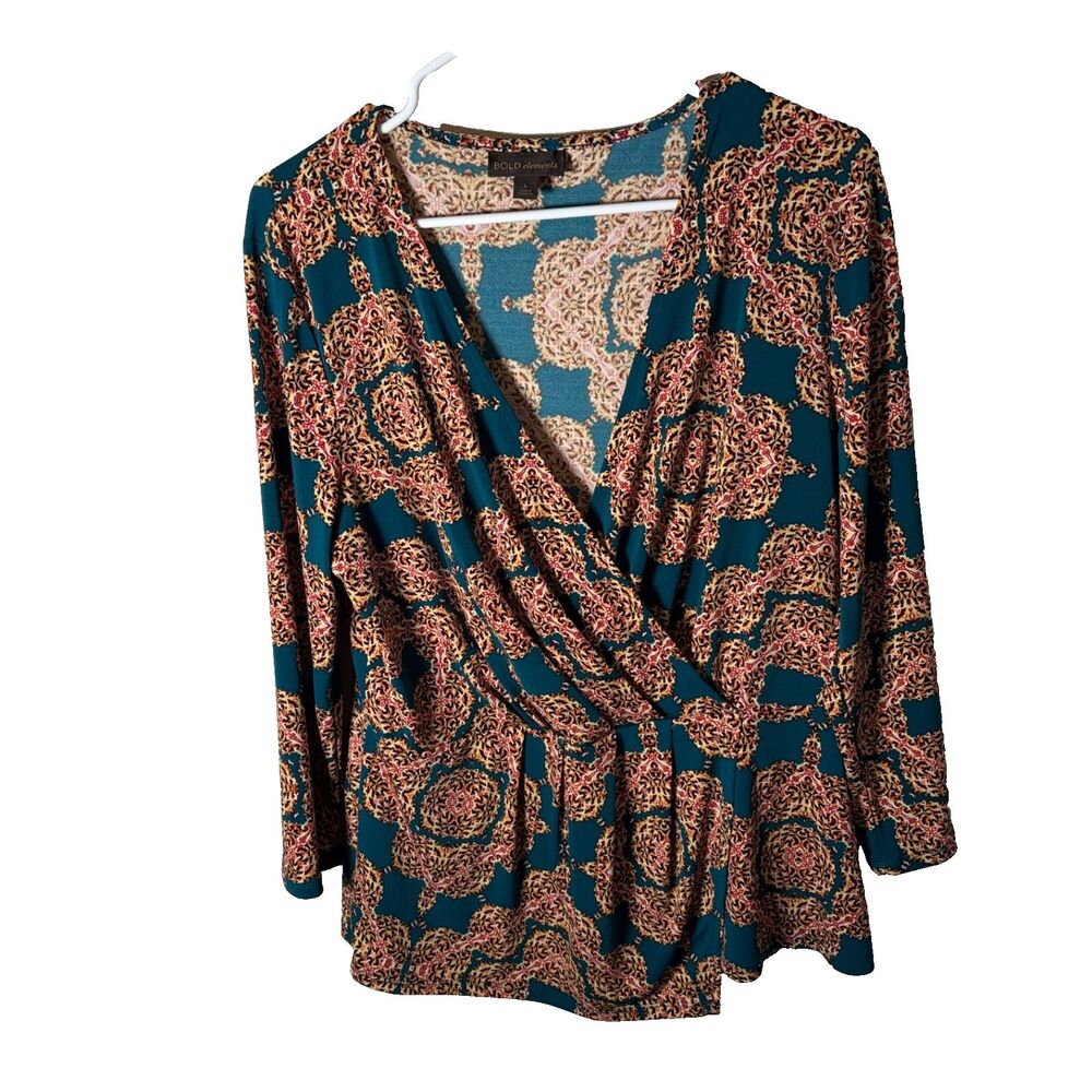 Bold Elements Blouse Women's Large V-Neck 3/4 Sleeve Printed Career Top Shirt